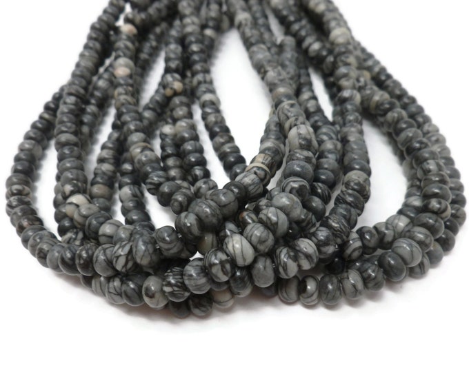 Silk Stone Rondelle Bead - Spider Web Jasper - Net Stone Abacus - Whole Strand - 93 beads - black & gray - black line jasper - netstone