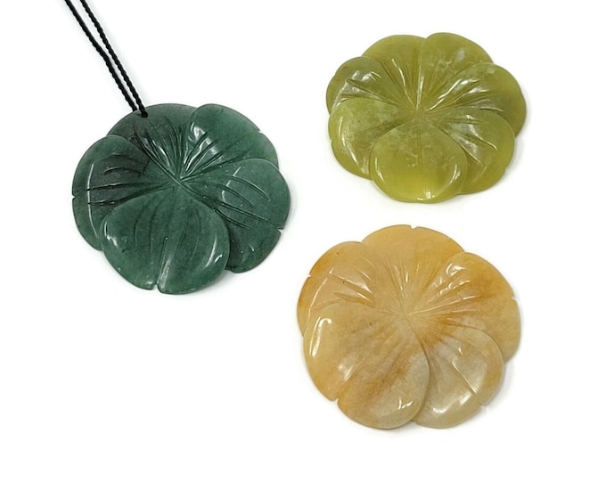 Stone Pansy Pendant - Large Top Drilled Carved Flower - 39mm by 7mm - DIY necklace pendant - green aventurine yellow marble serpentine