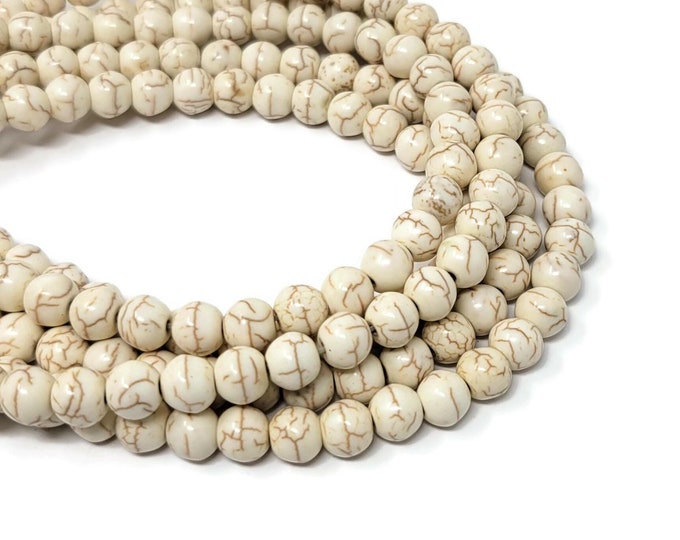Bone White Howlite 8mm Round Bead - 48 beads - Whole Strand - Ivory Cream Synthetic White Turquoise - matrix
