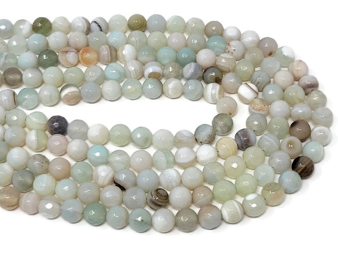 Pale Pastel Mixed Faceted Round Agate Beads - 8mm Bead - Whole Strand - 48 beads - neutral pale green blue white banded stone - beach colors