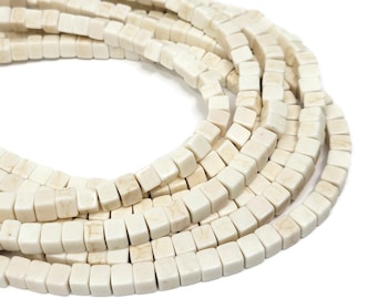 Bone White Cube Bead - around 93 beads - beige synthetic turquoise square beads - whole strand