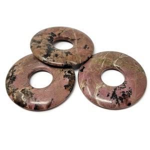 Rhodonite Donut Large Focal Bead or Pendant - 50mm by 7mm - 17mm Center Hole - around 2 inches - pink & black stone - lavender pi stone