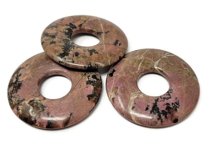 Rhodonite Donut Large Focal Bead or Pendant - 50mm by 7mm - 17mm Center Hole - around 2 inches - pink & black stone - lavender pi stone