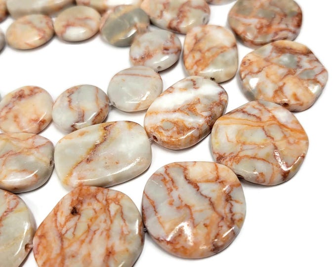 Red Line Jasper Three Strand Bead Set - 39 beads - red, cream, white, and gray marble stone - coin and rectangle shapes