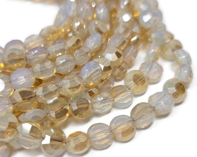 Opalite Half Golden Electroplate Faceted Flat Coin Bead - Flat Round - 6mm by 4mm - 72 beads - opal and gold two tone beads