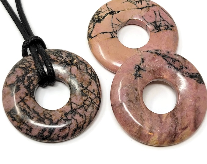 Rhodonite Donut Pendant Bead: Large Pink & Black Stone, 40mm