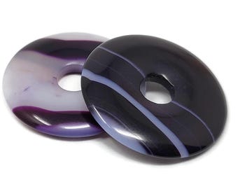 Two Purple and White Banded Agate Donut Focal Beads - 30mm by 4mm with a 7mm Hole - 2 pieces - striped dark violet and white pi stone set