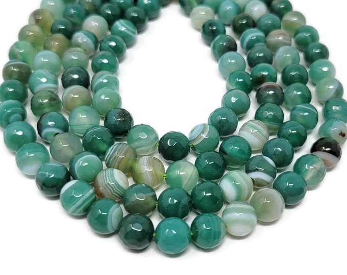 Emerald Green Striped Faceted Agate 8mm Round Bead - Whole Strand - 48 beads - green and white banded stone