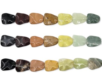 Seven Focal Bead Set - Assorted Semi-Precious Gemstone Lot - Carved Wavy Trapezoid or Triangle Pendant Beads - 30mm by 24mm by 7mm