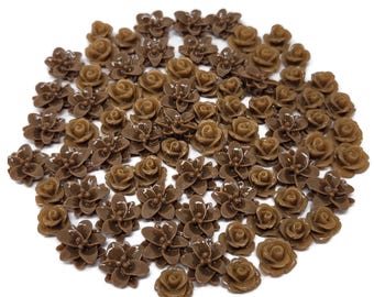 Brown Mixed Flowers Cabochon Lot - 77 pieces - 13mm to 9mm - assorted brown plastic craft flowers