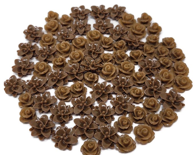 Brown Mixed Flowers Cabochon Lot - 77 pieces - 13mm to 9mm - assorted brown plastic craft flowers