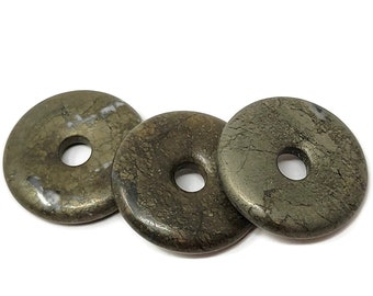 Pyrite Donut Focal Bead - 25mm by 5mm with 5mm Hole - iron pyrite - ring disc disk - golden bronze color pi stone pendant