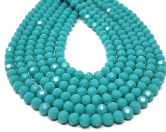Turquoise Faceted Glass 6mm Round Bead - 77 Beads - Whole Strand - aqua cut glass - ocean opaque milk glass