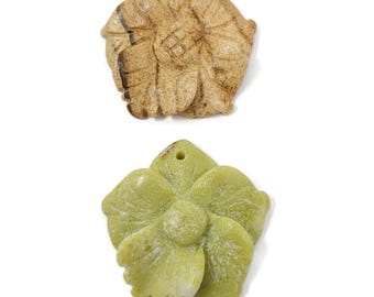 Stone Flower Pendant - 30mm - top drilled - brown picture jasper or green serpentine