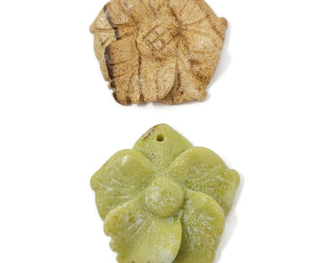 Stone Flower Pendant - 30mm - top drilled - brown picture jasper or green serpentine