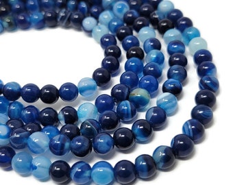 Dark Blue Striped Agate 6mm Round Bead - 62 beads - whole strand - shades of blue and white banded stone