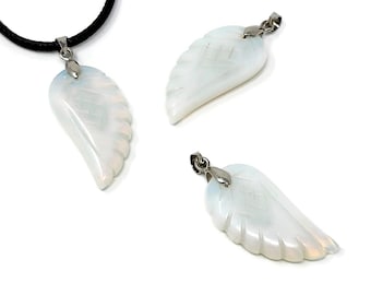 Angel Wing Opalite Necklace Pendant - Silver Bail - 38mm by 15mm - large iridescent glowing opal glass DIY guardian angel pendant
