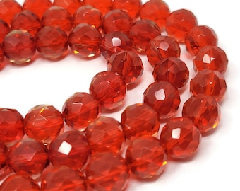 Faceted Tangerine Orange Glass Beads - 10mm Round Bead - 35 beads - brick - red orange translucent beads
