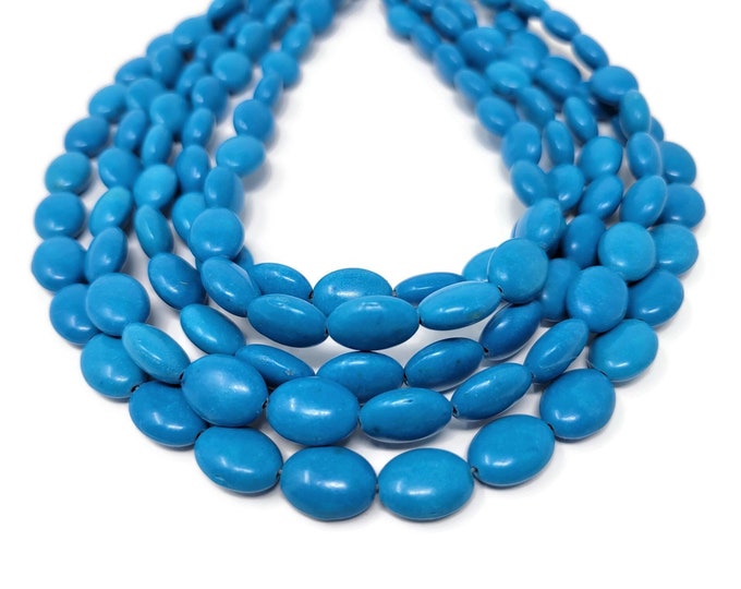 Cyan Blue Oval Bead - 14mm by 10mm by 6mm - 28 beads - Whole Strand - Synthetic Turquoise Puffed Oval