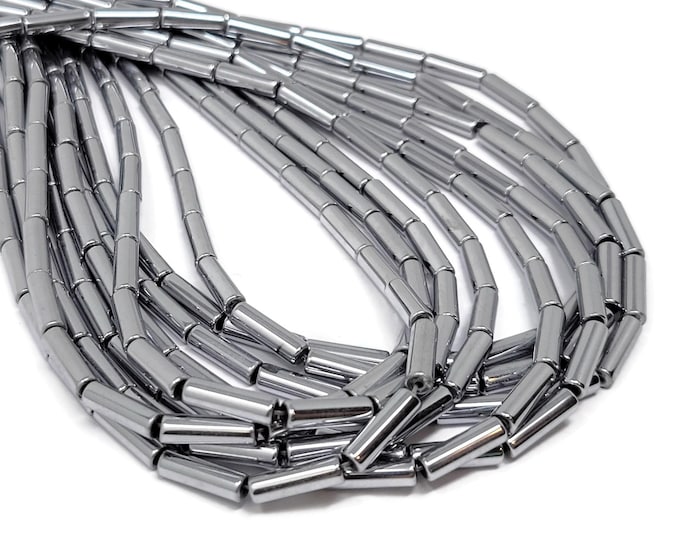 Silver Hematite Column Tube or Cylinder Bead - 13mm by 4mm - 31 Beads - Non Magnetic - Whole Strand - Silver Plated - Metallic - Mirror