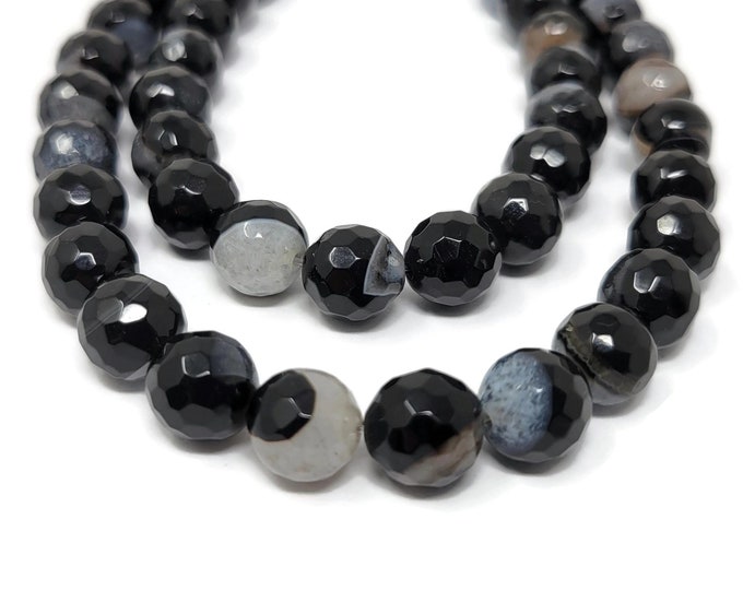 Black Agate with Crystal Faceted 10mm Round bead - Black and White Stone - 40 Beads - Whole Strand