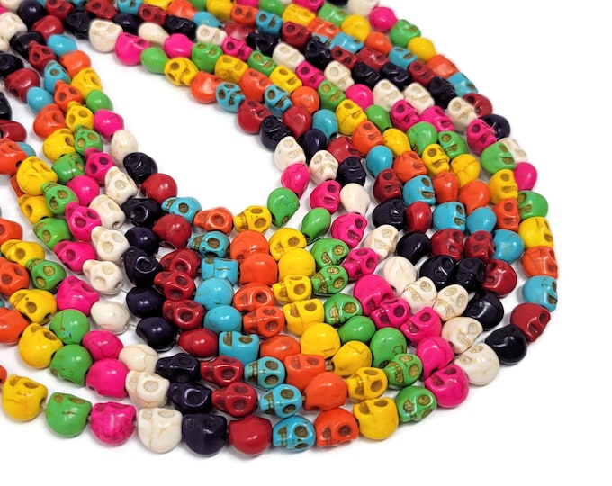 Mixed Color Small Skull Beads - 8mm by 7mm by 6mm - 48 beads - Whole Strand - rainbow howlite bead - colorful synthetic turquoise skulls