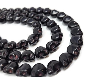 Black Howlite Skull Bead - Skulls - 12mm by 11mm by 10mm - 32 beads - whole strand synthetic turquoise - Halloween Dia de los Muertos
