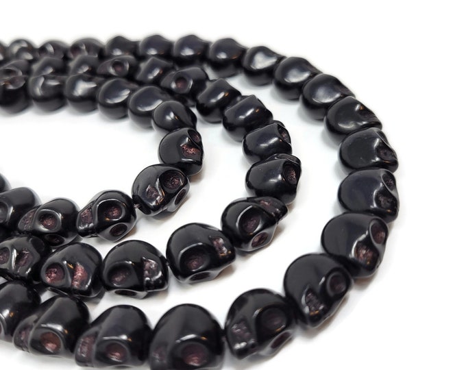 Black Howlite Skull Bead - Skulls - 12mm by 11mm by 10mm - 32 beads - Whole Strand - Synthetic Turquoise - Halloween Dia de los Muertos