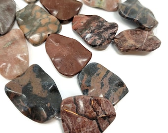 Seven Focal Bead Set - assorted semi-precious gemstone lot of carved wavy trapezoid or triangle pendant beads - 30mm by 24mm by 7mm