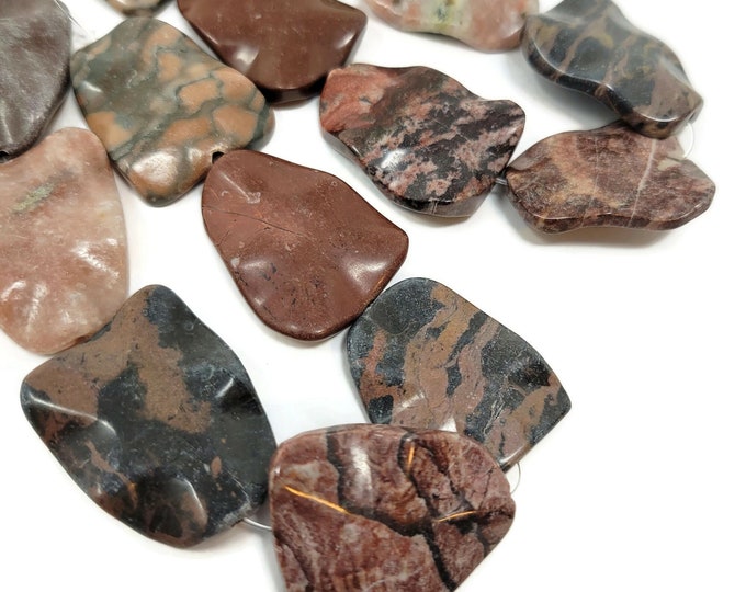 Seven Focal Bead Set - assorted semi-precious gemstone lot of carved wavy trapezoid or triangle pendant beads - 30mm by 24mm by 7mm