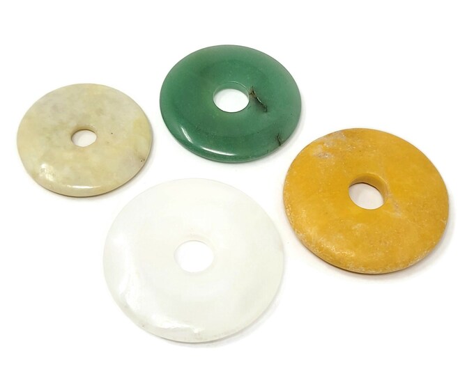 Four Donut Bead Set - Mixed Stone Focal Beads or Pendants - 45mm to 30mm - Assorted Semi-Precious Gemstone Lot