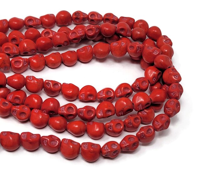 Red Skull Bead - 10mm by 9mm by 8mm - 39 beads - Whole Strand - Red Synthetic Turquoise Skulls - howlite
