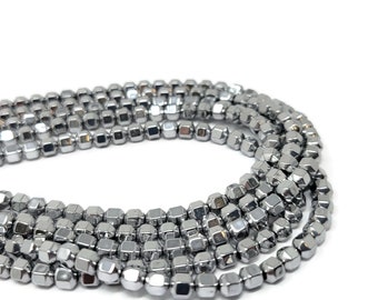 Silver Hematite 4mm Faceted Bicone Bead - Whole Strand - around 100 beads - Non Magnetic - metallic mirror hematine - synthetic hematite