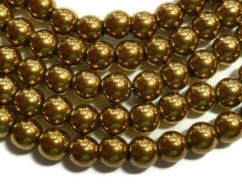 Gold Hematite 6mm Round Bead - Non Magnetic - Whole Strand - 72 beads - Golden Metallic Yellow hematine