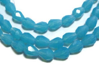 Aqua Blue Glass Faceted Teardrop Bead - 6mm by 4mm - 70 Beads - Whole Strand - Blue Cut Glass - Sky Blue - Milk Glass Drop