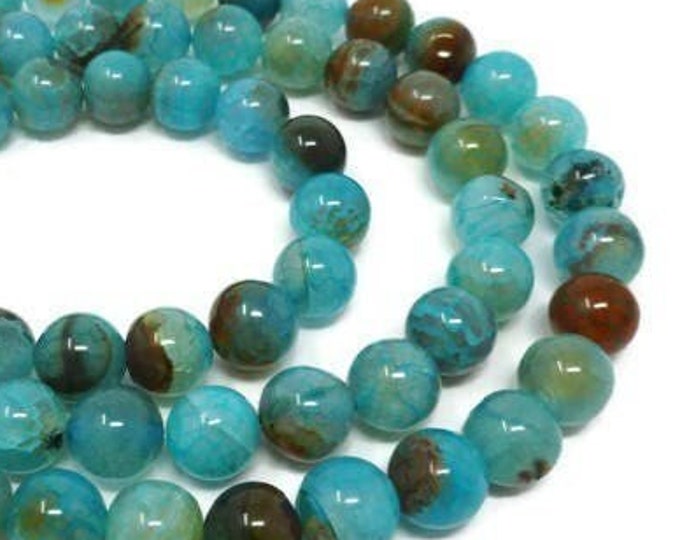 Blue and Brown Cracked Agate 10mm Round Bead - Sky Blue Fire Crab - Crackle - 38 beads - Whole Strand - Aqua Dragon Vein