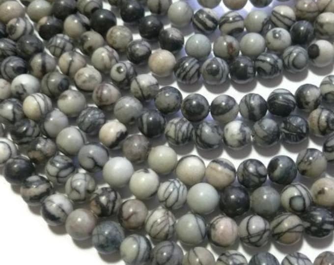 Silk Stone 6mm Round Bead - Spider Web Jasper - Full Strand - 61 beads - black and gray stone - black line jasper - grey net stone