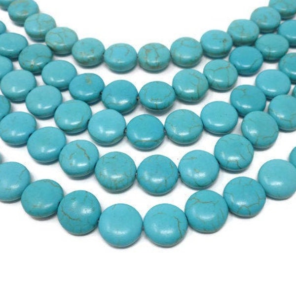 Blue Turquoise Magnesite Coin or Flat Round Bead - 12mm x 6mm - Full Strand - 34 beads - Aqua - Sky Blue - disk saucer