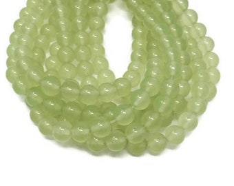 Green Malaysia Jade or Quartz 8mm Round Bead - Pale Lime Translucent Stone - 49 beads - Whole Strand - Light Green Limeade - yellow-green