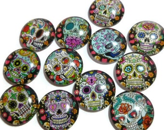 Sugar Skull - Glass Cabochon Set - Mixed Pattern - 16mm x 5mm - 12 Design Set - Dia de los Muertos - 12 Piece Sets - for jewelry or magnets