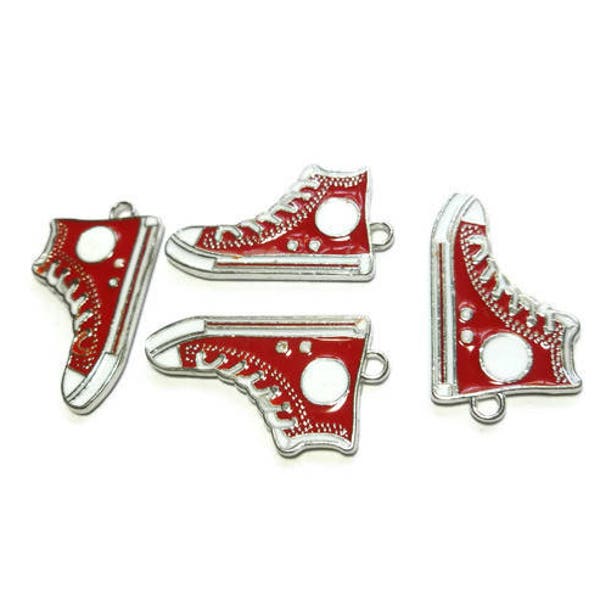 Red Hi Top Basketball Shoe Charm - Two-Sided Silver Enameled Athletic Shoes - Sneaker Pendant - 30mm x 17mm x 2mm - 1 2 3 5 10 25 50 pieces