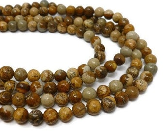 Picture Jasper 6mm Round Bead - Whole Strand - 59 beads - Tan Brown Black Cream Natural Stone