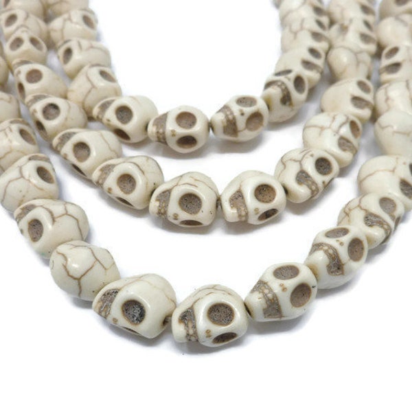 Bone White Howlite Skull Bead - 12mm x 12mm x 10mm - 32 beads - Whole Strand - White Turquoise - Synthetic Turquoise Ivory Skulls