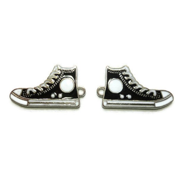 Black Hi Top Basketball Shoe Charm - Two-Sided Silver Enameled Athletic Shoes - Sneaker Pendant - 30mm x 17mm x 2mm - 1 2 3 5 10 25 35 pcs