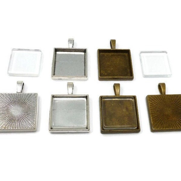 Square Tile Pendant Cabochon Setting Kit - Flat Glass & Bezel Set - 20mm Tray - Silver - Antique Bronze - photo jewelry keychain or necklace