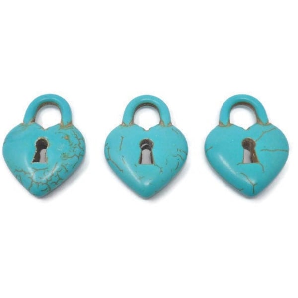 Blue Turquoise Heart Padlock Pendant - Large Heart Shaped Lock Necklace or Bracelet Charm - Decorative Lock - synthetic turquoise or howlite