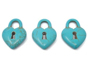 Blue Turquoise Heart Padlock Pendant - Large Heart Shaped Lock Necklace or Bracelet Charm - Decorative Lock - synthetic turquoise or howlite