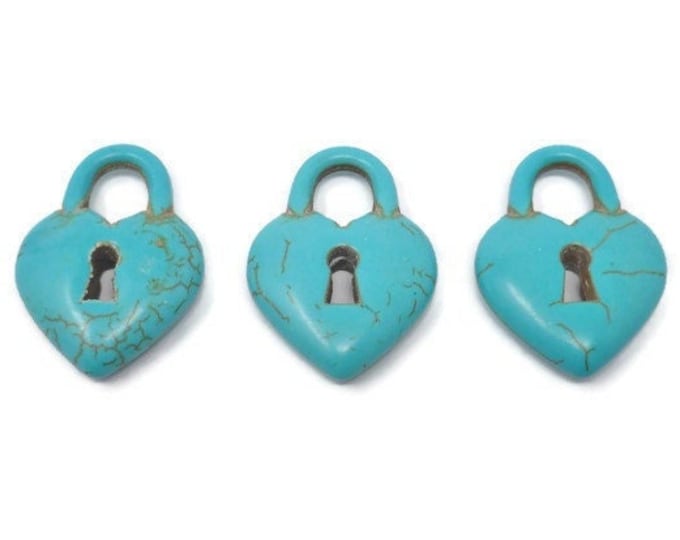 Blue Turquoise Heart Padlock Pendant - Large Heart Shaped Lock Necklace or Bracelet Charm - Decorative Lock - synthetic turquoise or howlite