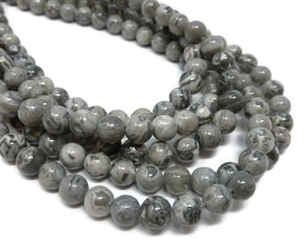 Scenery Jasper 6mm round bead - Black and Gray Natural Stone - Full Strand - 65 beads - picasso jasper