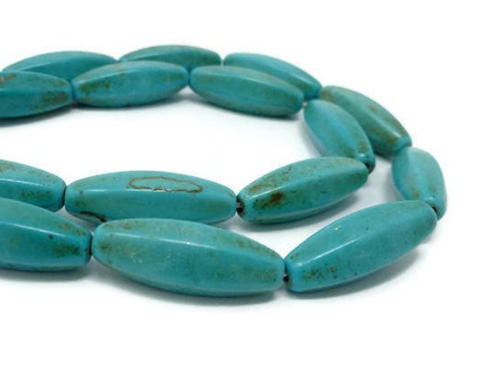 Teal Turquoise Six-sided Rice Bead - Flat side Oval - 25mm by 9mm - Whole Strand - 15 beads - Cyan Aqua Blue